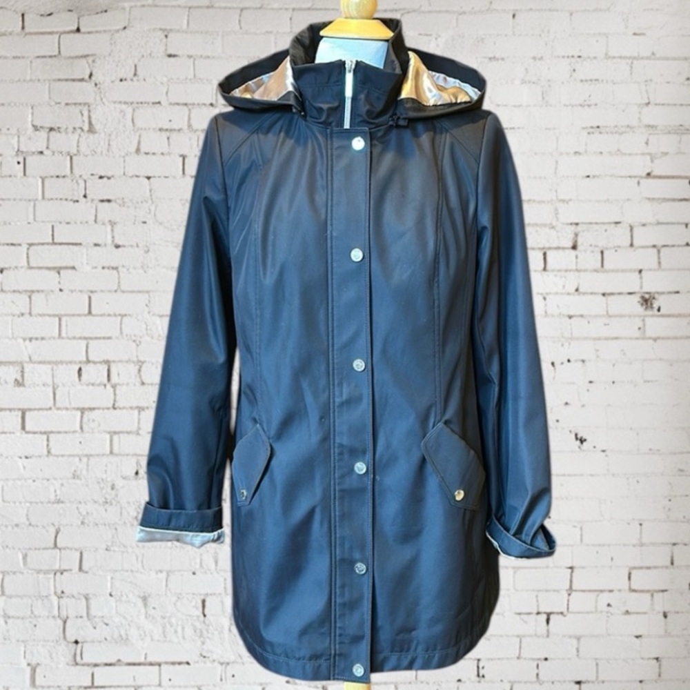 Dennis by Dennis Basso Black Water Resistant Rain Jacket Removable Hood  L